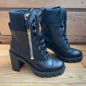 Christian Louboutin En Hiver Black Leather High Heel Lug Combat Boots 36.5 6.5